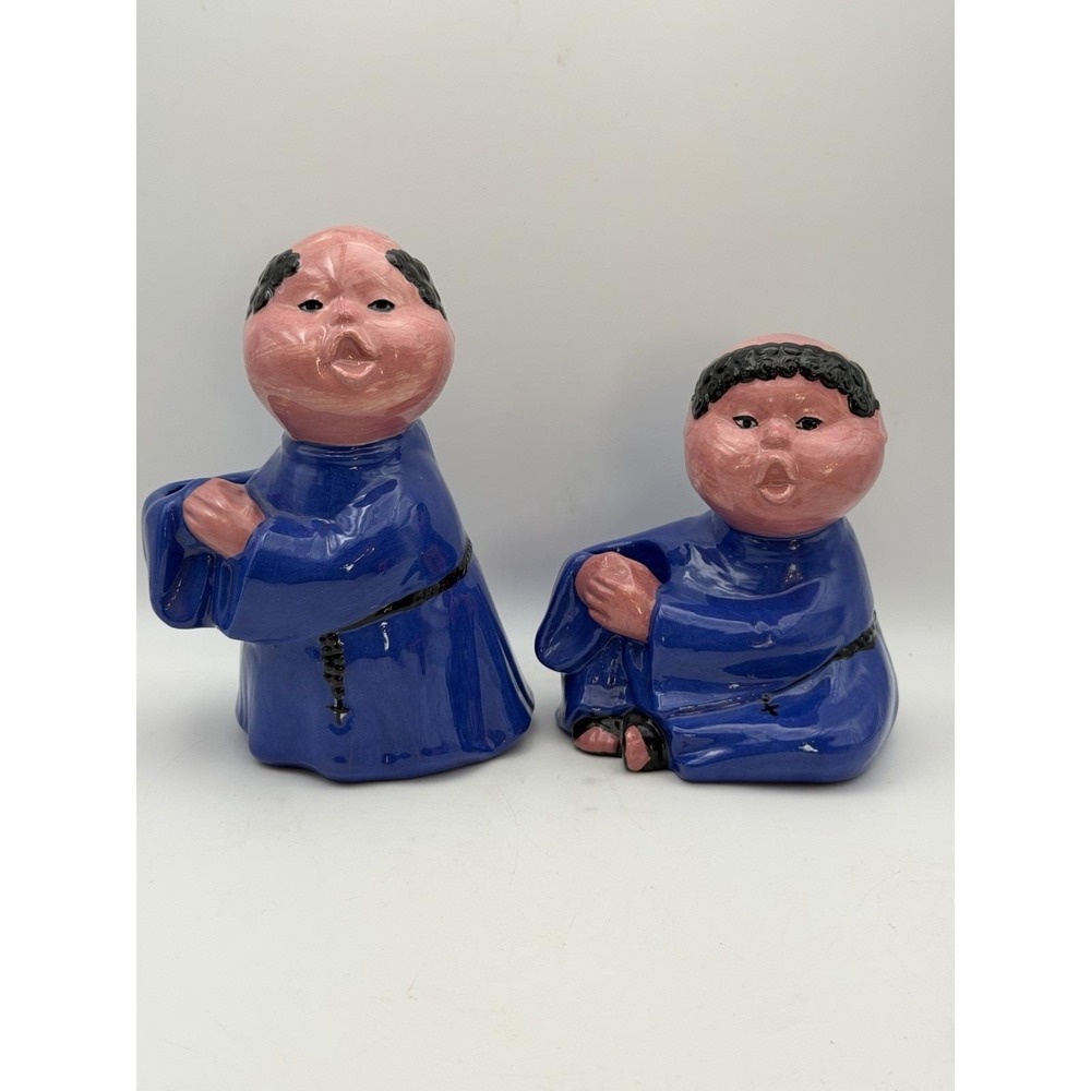 Vintage Monk Friar Ceramic Candle Holders Pair Blue Robe Pottery Figurines